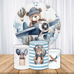Aperturee - Aperturee Teddy Bear Pilot Cartoon Round Birthday Backdrop Kit