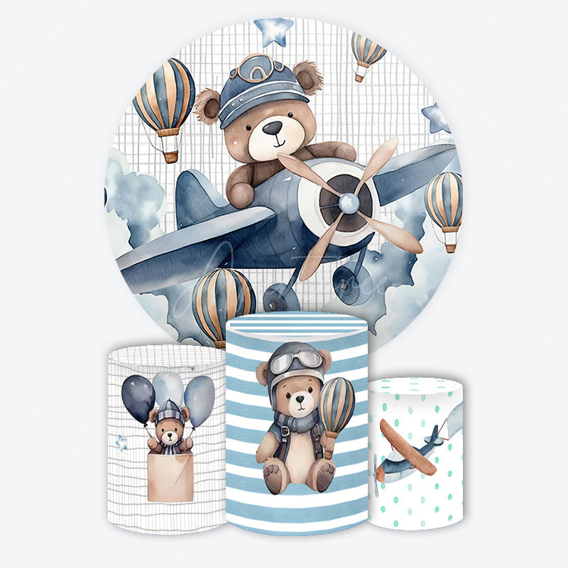 Aperturee - Aperturee Teddy Bear Pilot Cartoon Round Birthday Backdrop Kit