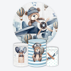 Aperturee - Aperturee Teddy Bear Pilot Cartoon Round Birthday Backdrop Kit