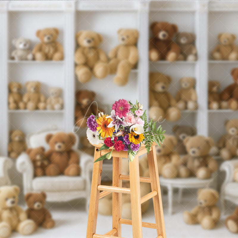 Aperturee - Aperturee Teddy Bear Room Photography Backdrop Nursery Bookshelf Full of Bears We Can Bearly Wait Baby Shower Cake Smash