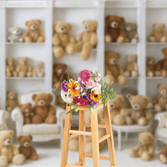 Aperturee - Aperturee Teddy Bear Room Photography Backdrop Nursery Bookshelf Full of Bears We Can Bearly Wait Baby Shower Cake Smash