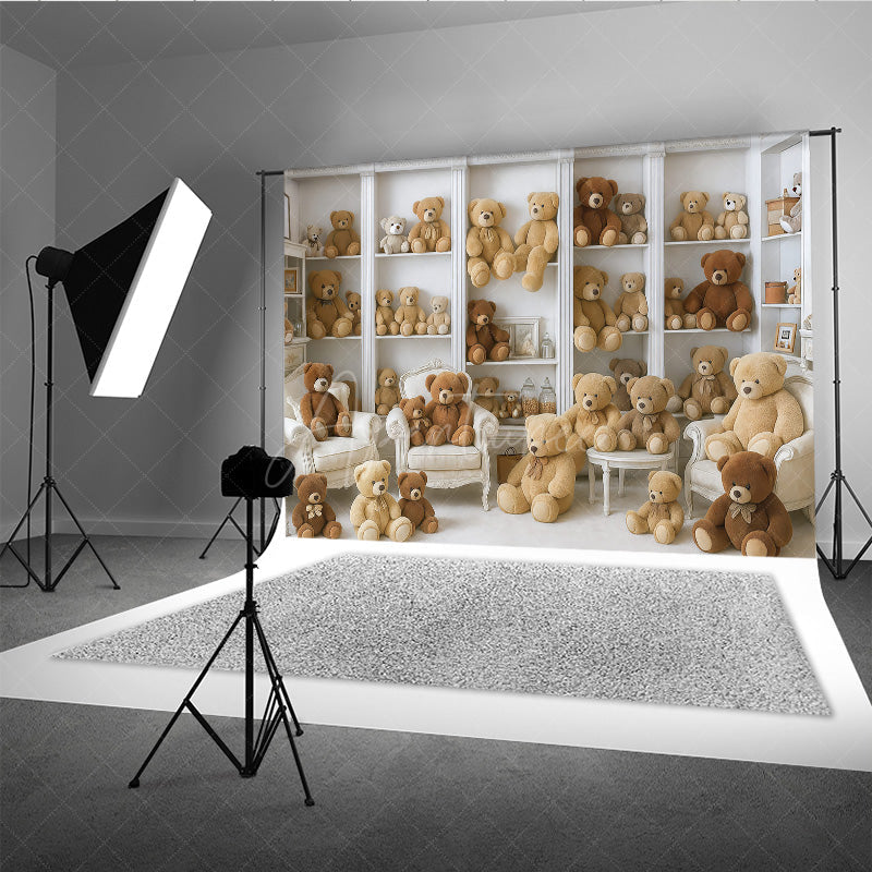 Aperturee - Aperturee Teddy Bear Room Photography Backdrop Nursery Bookshelf Full of Bears We Can Bearly Wait Baby Shower Cake Smash