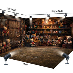 Aperturee - Aperturee Teddy Bear Toy Shop Room Set Backdrop Rustic Wooden Shelf Background for Kids Photography