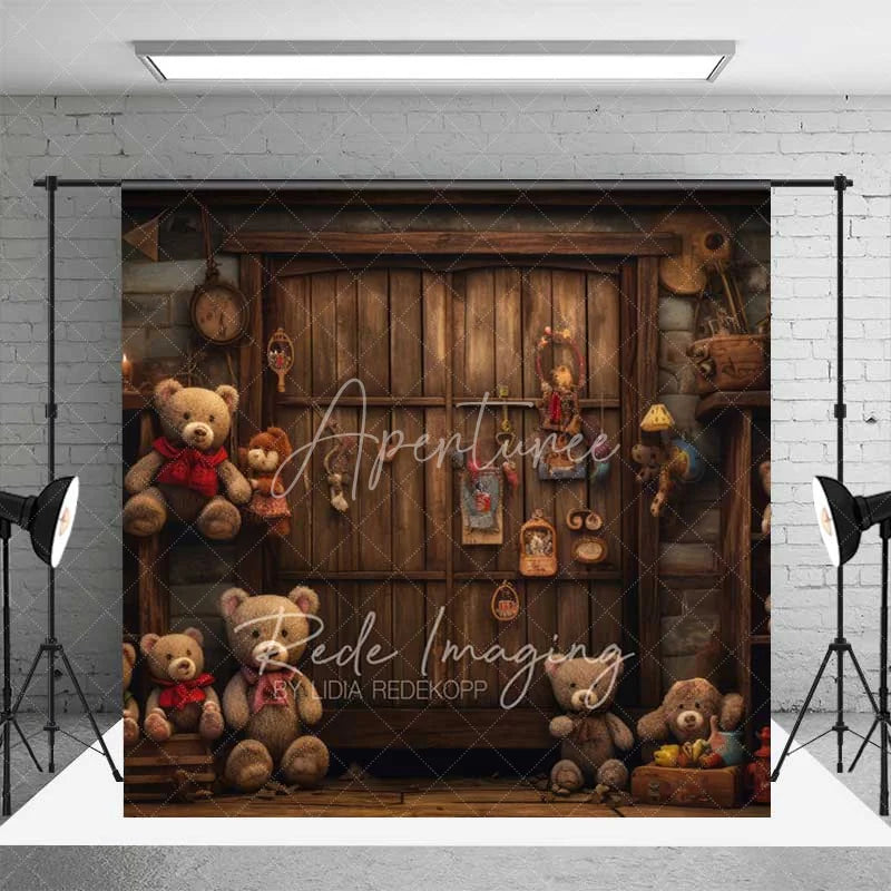 Aperturee - Aperturee Teddy Bear Toy Shop Room Set Backdrop Rustic Wooden Shelf Background for Kids Photography