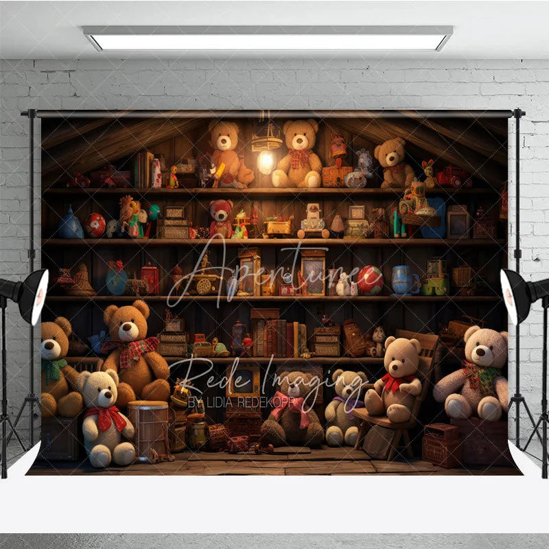 Aperturee - Aperturee Teddy Bear Toy Shop Room Set Backdrop Rustic Wooden Shelf Background for Kids Photography