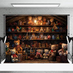 Aperturee - Aperturee Teddy Bear Toy Shop Room Set Backdrop Rustic Wooden Shelf Background for Kids Photography