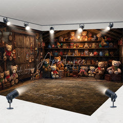 Aperturee - Aperturee Teddy Bear Toy Shop Room Set Backdrop Rustic Wooden Shelf Background for Kids Photography
