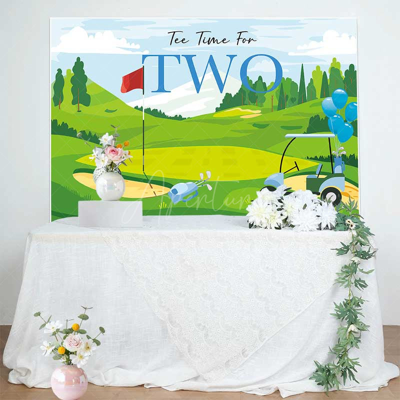 Aperturee Aperturee Tee Time for Two Boys Birthday Backdrop Blue and Green Golf Course Scenery Summer Sports Themed Party Photo Prop