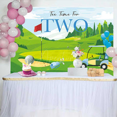 Aperturee Aperturee Tee Time for Two Boys Birthday Backdrop Blue and Green Golf Course Scenery Summer Sports Themed Party Photo Prop