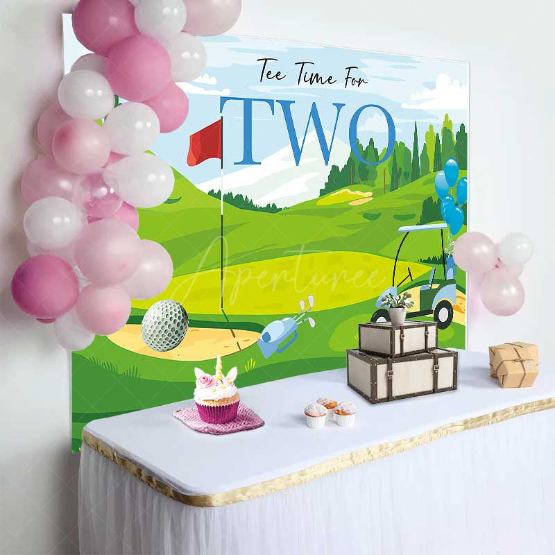 Aperturee Aperturee Tee Time for Two Boys Birthday Backdrop Blue and Green Golf Course Scenery Summer Sports Themed Party Photo Prop