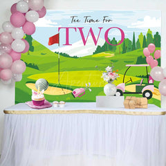Aperturee Aperturee Tee Time for Two Girls Birthday Backdrop Pink and Green Golf Course Scenery Summer Sports Themed Party Photo Prop