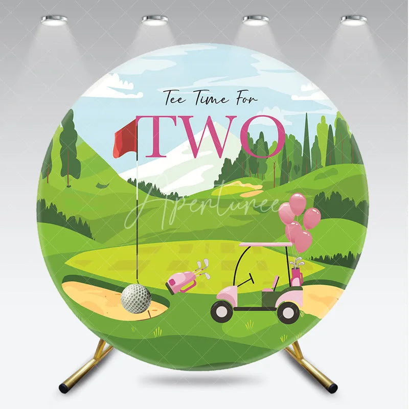 Aperturee - Aperturee Tee Time for TWO Golf 2nd Birthday Round Backdrop Pink Golf Cart and Green Course Girl Birthday Party Decor