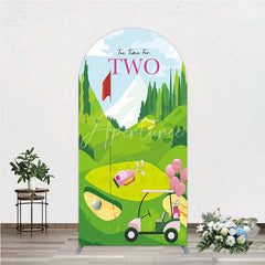 Aperturee - Aperturee Tee Time For Two Golf Birthday Arch Backdrop Pink Golf Cart and Mountain Landscape Girls 2nd Birthday