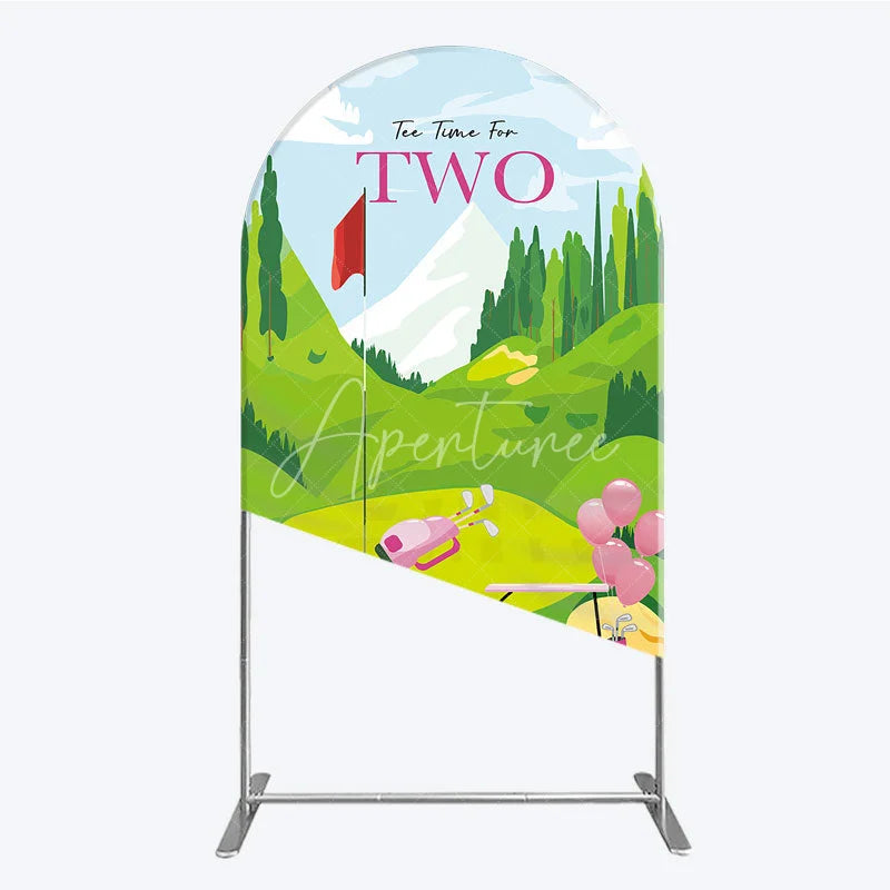 Aperturee - Aperturee Tee Time For Two Golf Birthday Arch Backdrop Pink Golf Cart and Mountain Landscape Girls 2nd Birthday