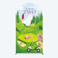 Aperturee - Aperturee Tee Time For Two Golf Birthday Arch Backdrop Pink Golf Cart and Mountain Landscape Girls 2nd Birthday
