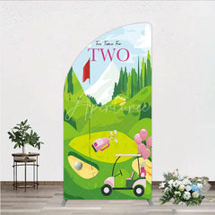 Aperturee - Aperturee Tee Time For Two Golf Birthday Half Moon Arch Backdrop Pink Golf Cart and Mountain Landscape Girls 2nd Birthday