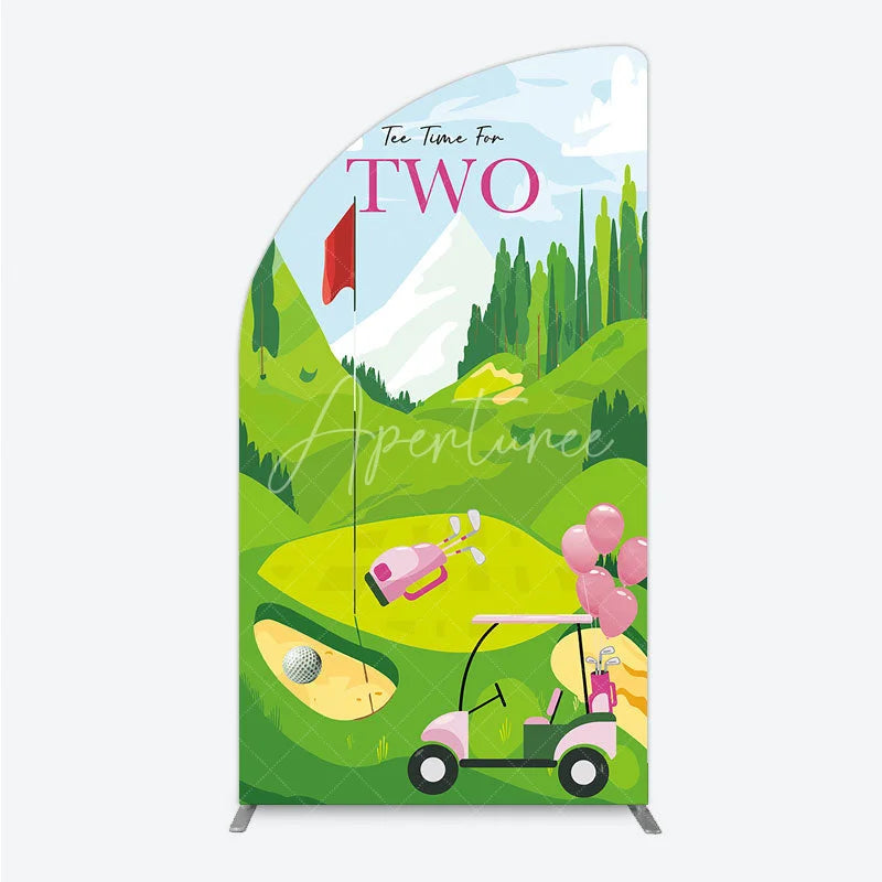 Aperturee - Aperturee Tee Time For Two Golf Birthday Half Moon Arch Backdrop Pink Golf Cart and Mountain Landscape Girls 2nd Birthday
