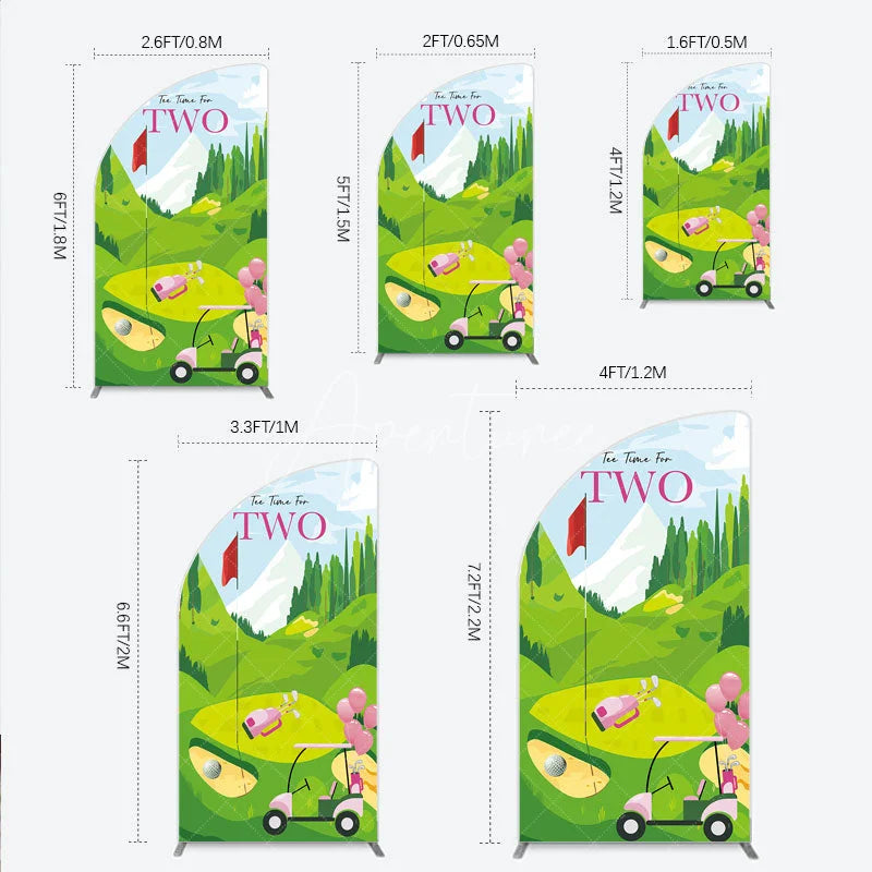 Aperturee - Aperturee Tee Time For Two Golf Birthday Half Moon Arch Backdrop Pink Golf Cart and Mountain Landscape Girls 2nd Birthday