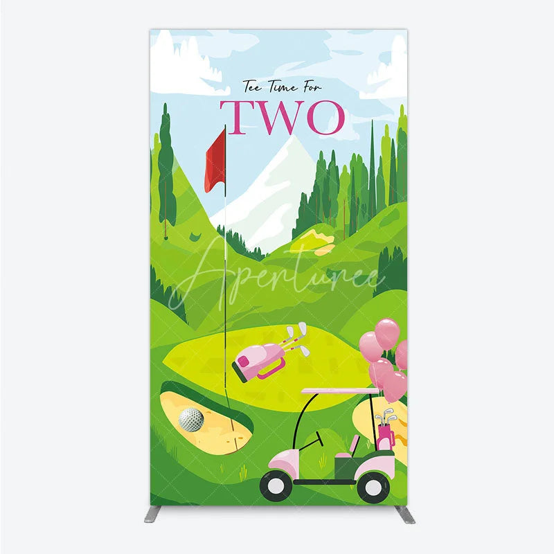 Aperturee - Aperturee Tee Time For Two Golf Birthday Rectangle Backdrop Pink Golf Cart and Mountain Landscape Girls 2nd Birthday