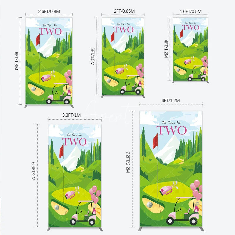 Aperturee - Aperturee Tee Time For Two Golf Birthday Rectangle Backdrop Pink Golf Cart and Mountain Landscape Girls 2nd Birthday