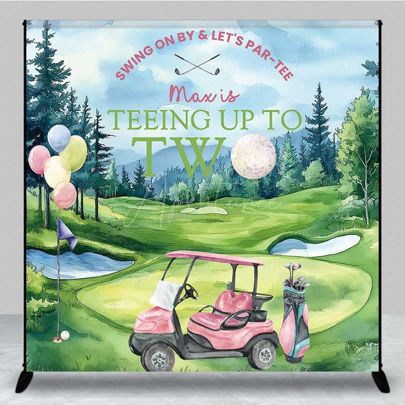 Aperturee Aperturee Teeing Up to Two Birthday Backdrop Custom Name Girls Pink Golf Cart Swing on By and Let’s Par tee Banner