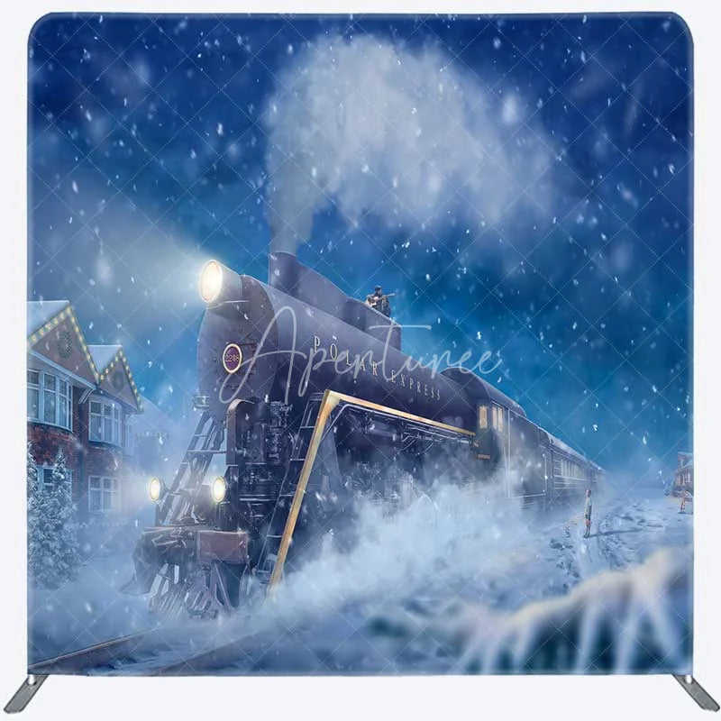 Aperturee - Aperturee Tension Fabric Backdrop Christmas Steam Train Winter Snow North Pole Magical Railway Background