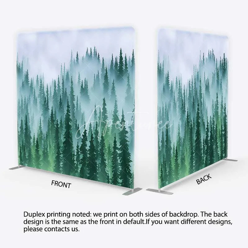 Aperturee - Aperturee Tension Fabric Backdrop Misty Green Pine Forest Foggy Woodland Tree Pillowcase Background Nature Camping Decor