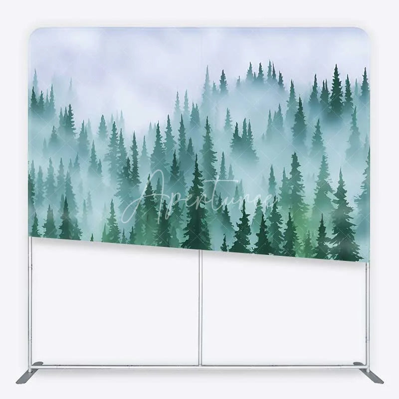 Aperturee - Aperturee Tension Fabric Backdrop Misty Green Pine Forest Foggy Woodland Tree Pillowcase Background Nature Camping Decor