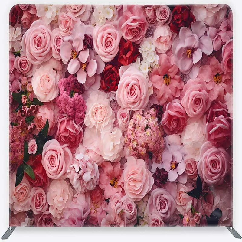 Aperturee - Aperturee Tension Fabric Backdrop Pink Rose Flower Wall Romantic Floral Bloom Pillowcase Background Wedding Valentine Decor