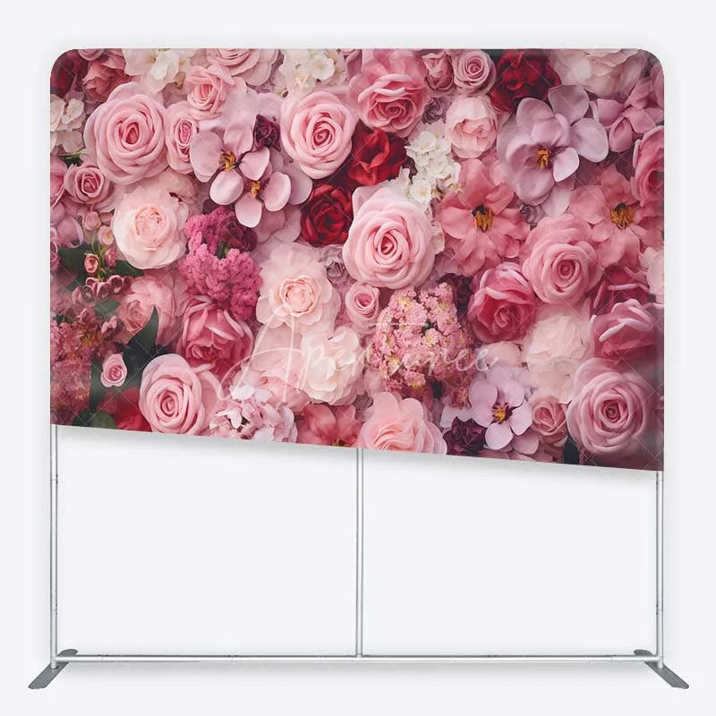 Aperturee - Aperturee Tension Fabric Backdrop Pink Rose Flower Wall Romantic Floral Bloom Pillowcase Background Wedding Valentine Decor
