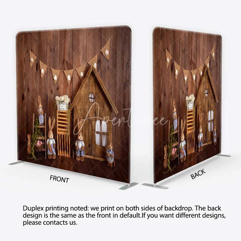 Aperturee - Aperturee Tension Fabric Backdrop Rustic Wood Easter Bunny Spring Wooden House Rabbit Pillowcase Background Kids Party Decor