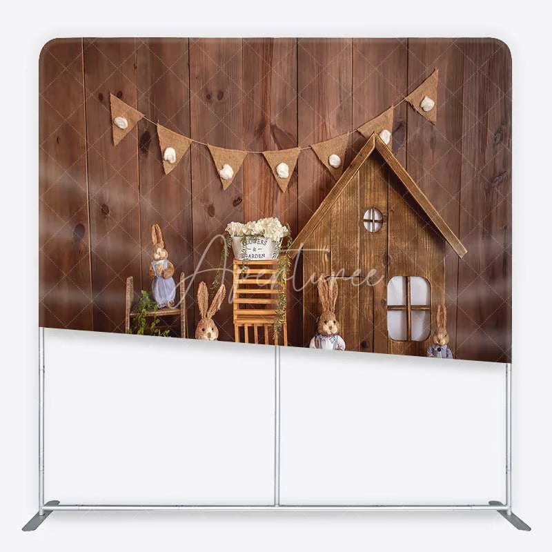 Aperturee - Aperturee Tension Fabric Backdrop Rustic Wood Easter Bunny Spring Wooden House Rabbit Pillowcase Background Kids Party Decor