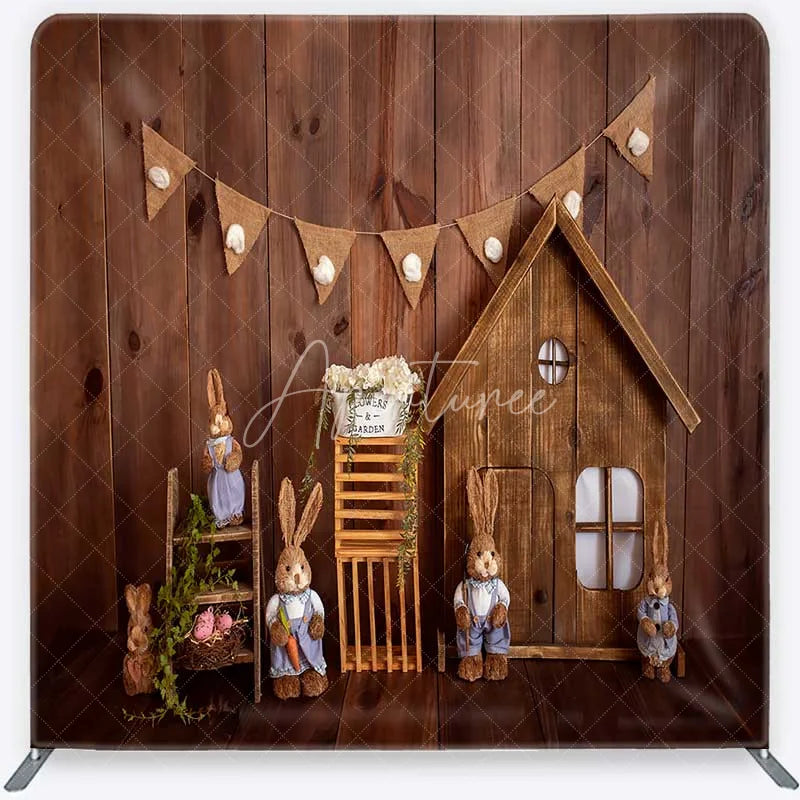 Aperturee - Aperturee Tension Fabric Backdrop Rustic Wood Easter Bunny Spring Wooden House Rabbit Pillowcase Background Kids Party Decor
