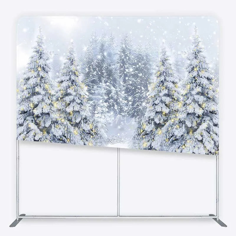 Aperturee - Aperturee Tension Fabric Backdrop Snowy Pine Forest Path Christmas Light Photo Prop