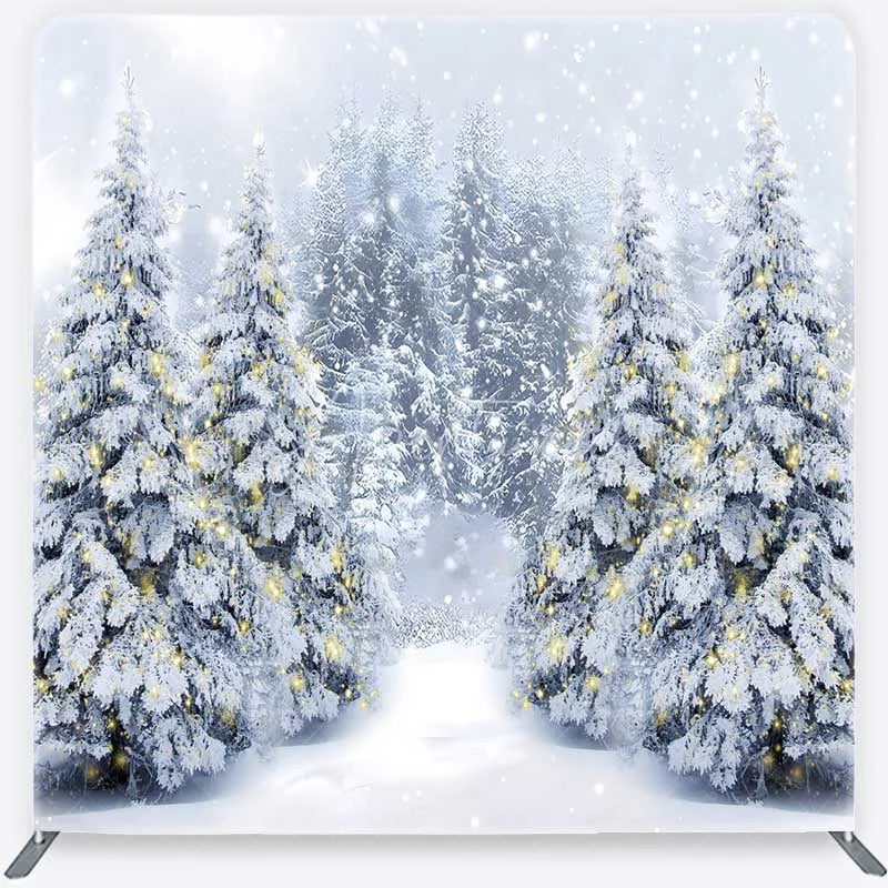 Aperturee - Aperturee Tension Fabric Backdrop Snowy Pine Forest Path Christmas Light Photo Prop