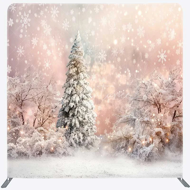 Aperturee - Aperturee Tension Fabric Backdrop Winter Pink Snowy Forest Christmas White Tree Snowflake Photography Background