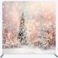 Aperturee - Aperturee Tension Fabric Backdrop Winter Pink Snowy Forest Christmas White Tree Snowflake Photography Background
