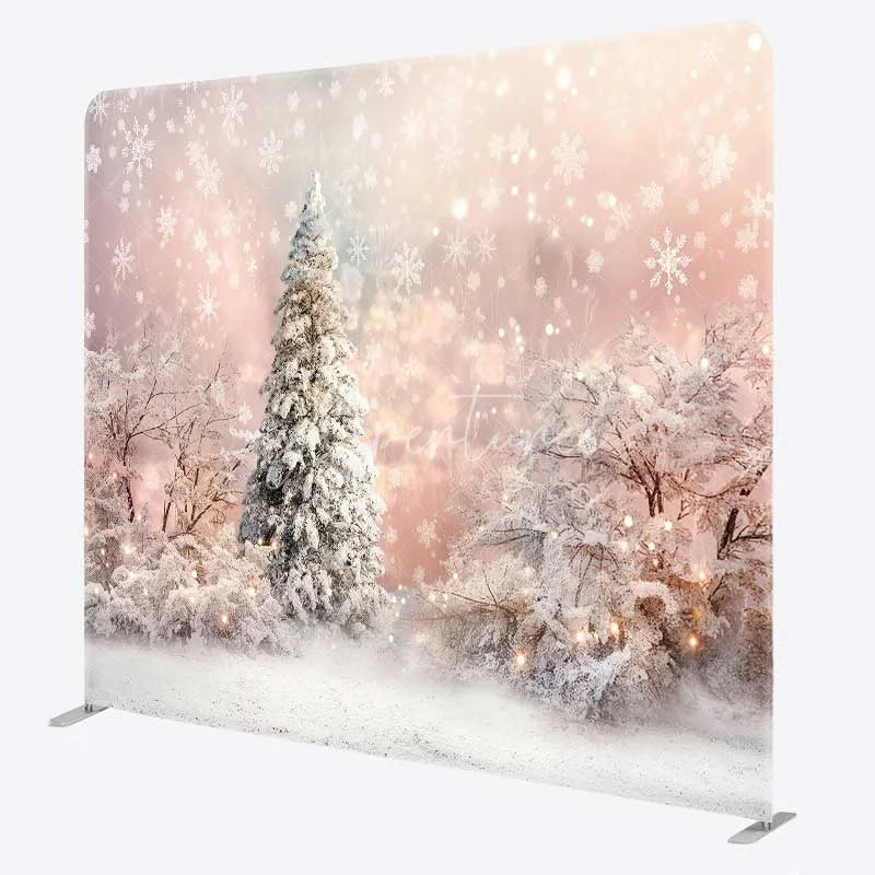 Aperturee - Aperturee Tension Fabric Backdrop Winter Pink Snowy Forest Christmas White Tree Snowflake Photography Background