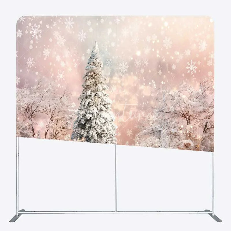 Aperturee - Aperturee Tension Fabric Backdrop Winter Pink Snowy Forest Christmas White Tree Snowflake Photography Background