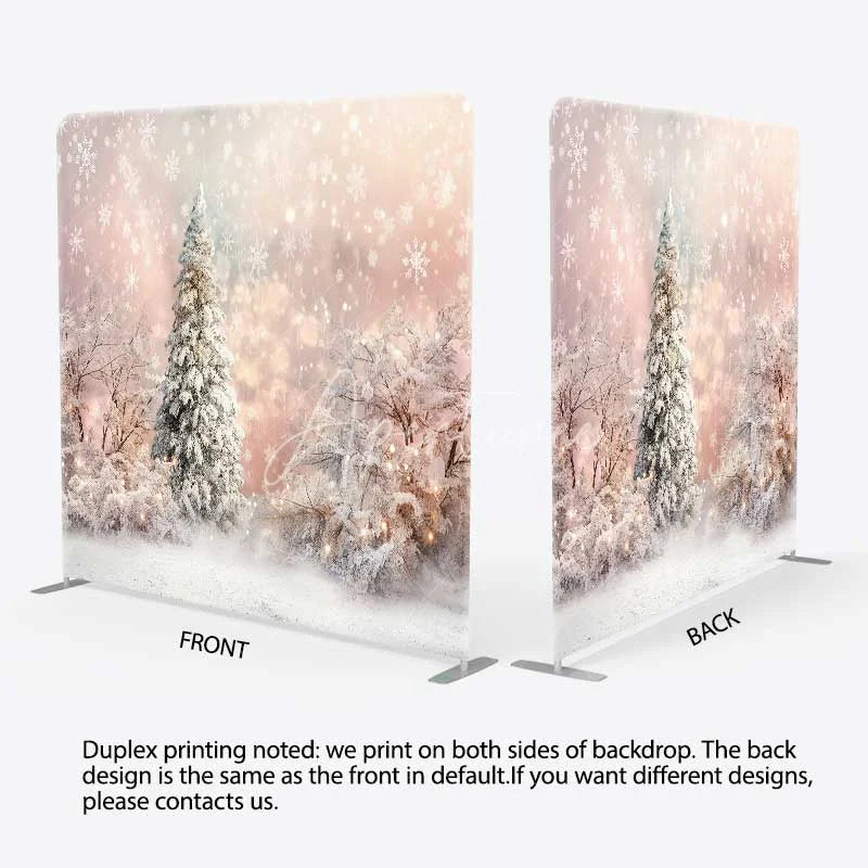 Aperturee - Aperturee Tension Fabric Backdrop Winter Pink Snowy Forest Christmas White Tree Snowflake Photography Background
