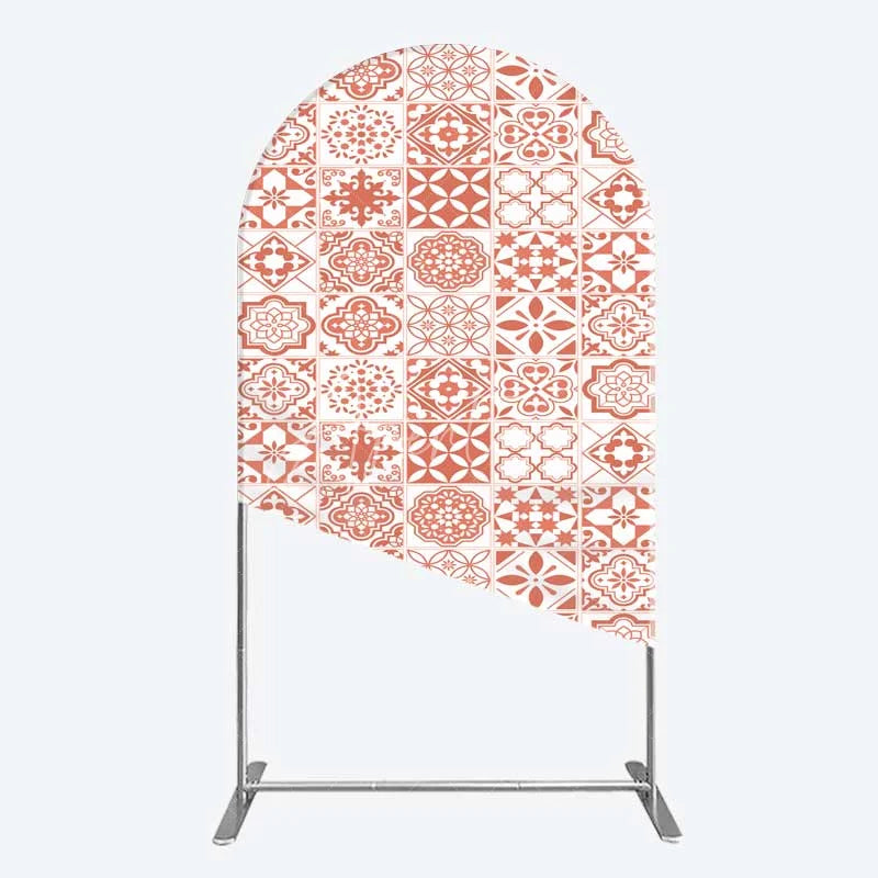 Aperturee - Aperturee Terracotta and White Moroccan Tile Pattern Arch Backdrop Rustic Boho Wedding Party Decor