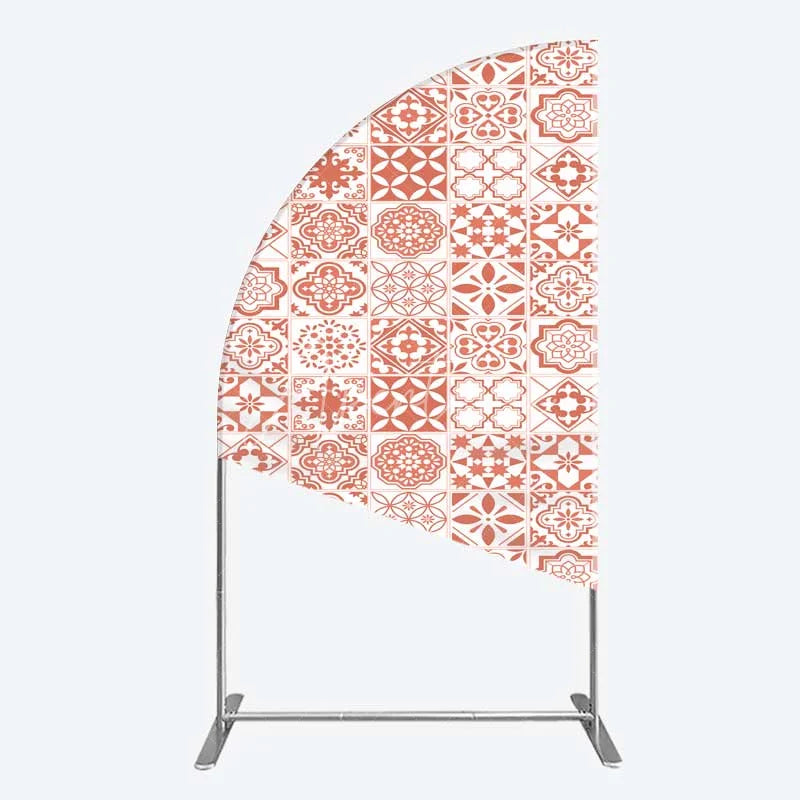 Aperturee - Aperturee Terracotta and White Moroccan Tile Pattern Half Moon Arch Backdrop Rustic Boho Wedding Party Decor