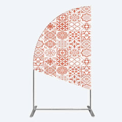 Aperturee - Aperturee Terracotta and White Moroccan Tile Pattern Half Moon Arch Backdrop Rustic Boho Wedding Party Decor