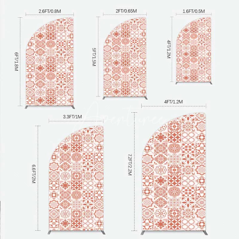 Aperturee - Aperturee Terracotta and White Moroccan Tile Pattern Half Moon Arch Backdrop Rustic Boho Wedding Party Decor