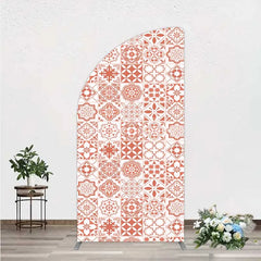 Aperturee - Aperturee Terracotta and White Moroccan Tile Pattern Half Moon Arch Backdrop Rustic Boho Wedding Party Decor