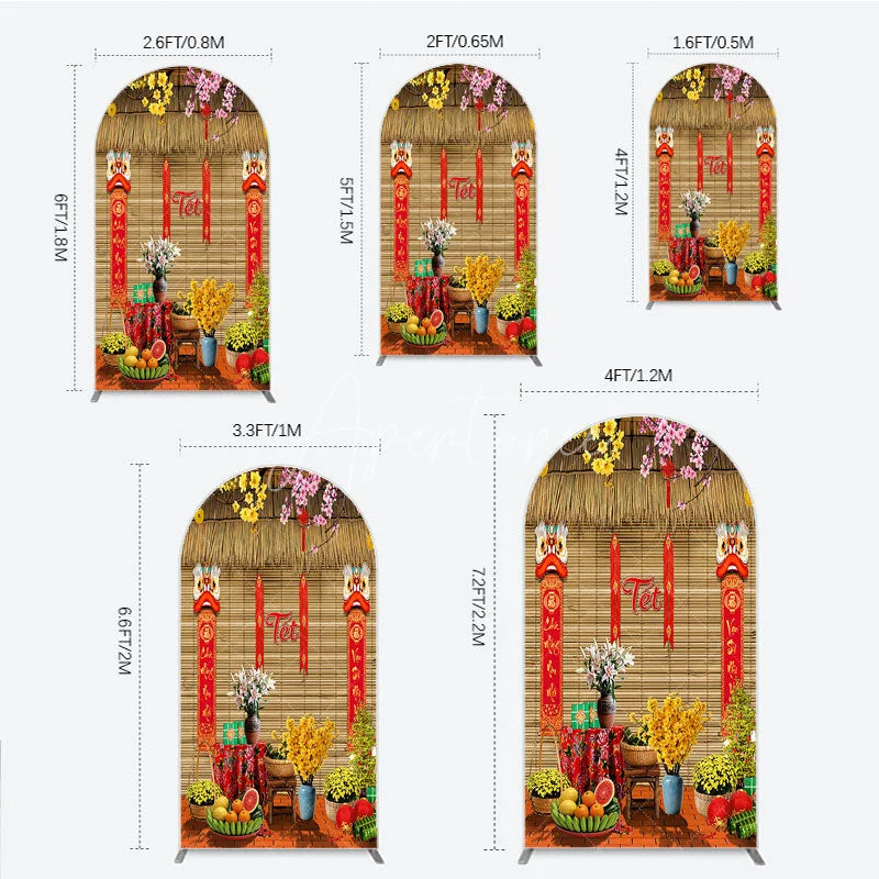 Aperturee - Aperturee Tet Lunar New Year Holiday Arch Backdrop Vietnamese Traditional Spring Flowers and Lion Dance Background