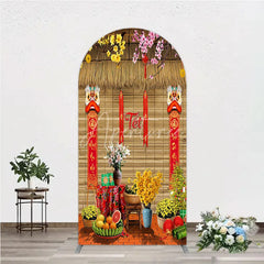 Aperturee - Aperturee Tet Lunar New Year Holiday Arch Backdrop Vietnamese Traditional Spring Flowers and Lion Dance Background
