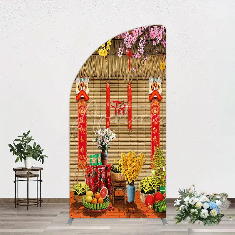 Aperturee - Aperturee Tet Lunar New Year Holiday Half Moon Arch Backdrop Vietnamese Traditional Spring Flowers and Lion Dance Background