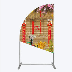 Aperturee - Aperturee Tet Lunar New Year Holiday Half Moon Arch Backdrop Vietnamese Traditional Spring Flowers and Lion Dance Background