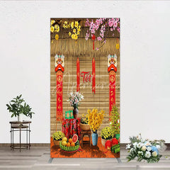 Aperturee - Aperturee Tet Lunar New Year Holiday Rectangle Backdrop Vietnamese Traditional Spring Flowers and Lion Dance Background